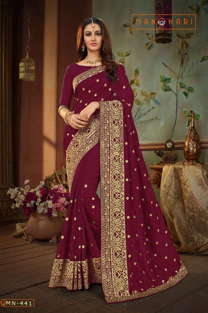 MANOHARI VOL-3 BY MANOHARI 438 TO 442 SERIES INDIAN TRADITIONAL WEAR COLLECTION BEAUTIFUL STYLISH FANCY COLORFUL PARTY WEAR & OCCASIONAL WEAR VICHITRA SILK SAREES AT WHOLESALE PRICE