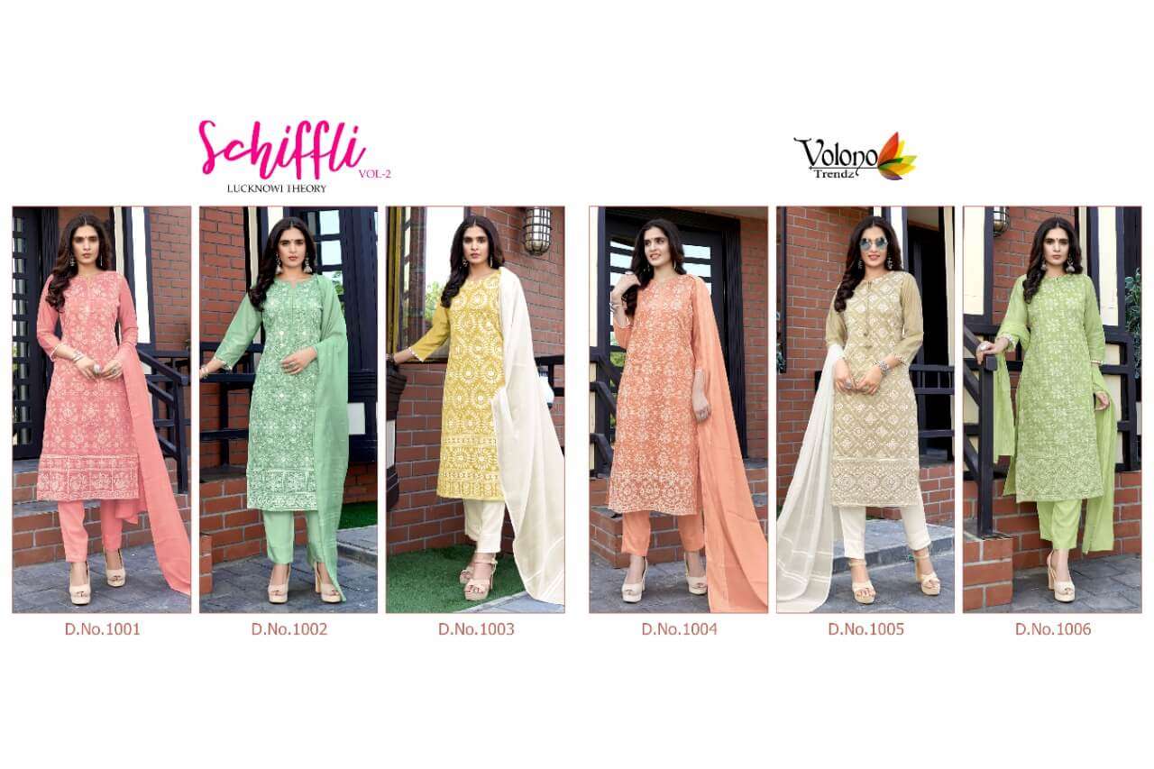 Schiffli Vol-2 By Volono Trendz 1001 To 1006 Series Beautiful Suits Colorful Stylish Fancy Casual Wear & Ethnic Wear Pure Viscose Chanderi With Lakhnavi Work Dresses At Wholesale Price