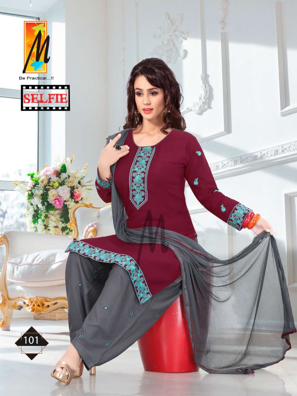 SELFIE BY M BE PRACTICAL 101 TO 108 SERIES BEAUTIFUL STYLISH SUITS FANCY COLORFUL CASUAL WEAR & ETHNIC WEAR & READY TO WEAR RAYON EMBROIDERED DRESSES AT WHOLESALE PRICE