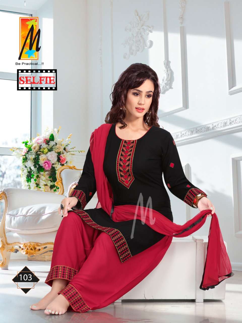 SELFIE BY M BE PRACTICAL 101 TO 108 SERIES BEAUTIFUL STYLISH SUITS FANCY COLORFUL CASUAL WEAR & ETHNIC WEAR & READY TO WEAR RAYON EMBROIDERED DRESSES AT WHOLESALE PRICE