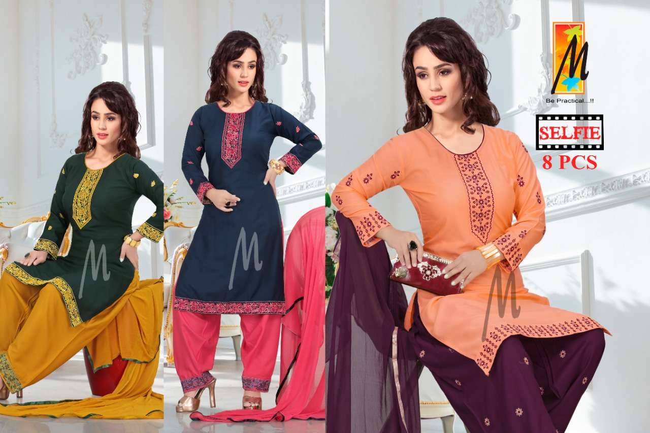 SELFIE BY M BE PRACTICAL 101 TO 108 SERIES BEAUTIFUL STYLISH SUITS FANCY COLORFUL CASUAL WEAR & ETHNIC WEAR & READY TO WEAR RAYON EMBROIDERED DRESSES AT WHOLESALE PRICE