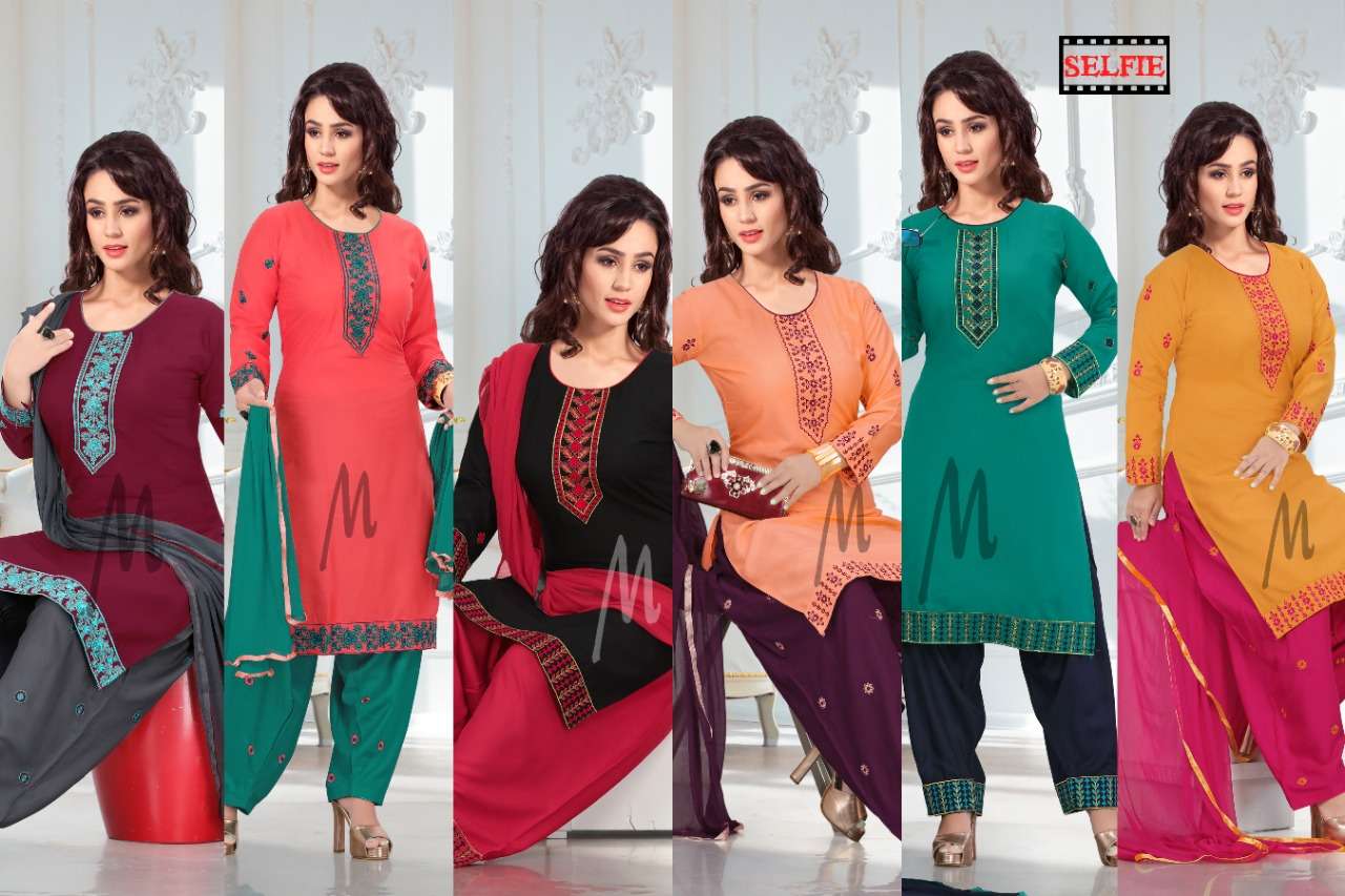 SELFIE BY M BE PRACTICAL 101 TO 108 SERIES BEAUTIFUL STYLISH SUITS FANCY COLORFUL CASUAL WEAR & ETHNIC WEAR & READY TO WEAR RAYON EMBROIDERED DRESSES AT WHOLESALE PRICE