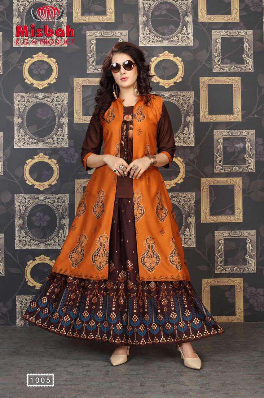 NAYANTARA BY MISBAH 1001 TO 1006 SERIES DESIGNER STYLISH FANCY COLORFUL BEAUTIFUL PARTY WEAR & ETHNIC WEAR COLLECTION RAYON GOLD PRINT KURTIS WITH BOTTOM AT WHOLESALE PRICE