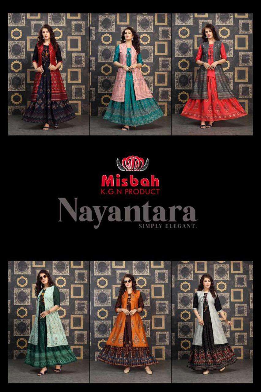 NAYANTARA BY MISBAH 1001 TO 1006 SERIES DESIGNER STYLISH FANCY COLORFUL BEAUTIFUL PARTY WEAR & ETHNIC WEAR COLLECTION RAYON GOLD PRINT KURTIS WITH BOTTOM AT WHOLESALE PRICE