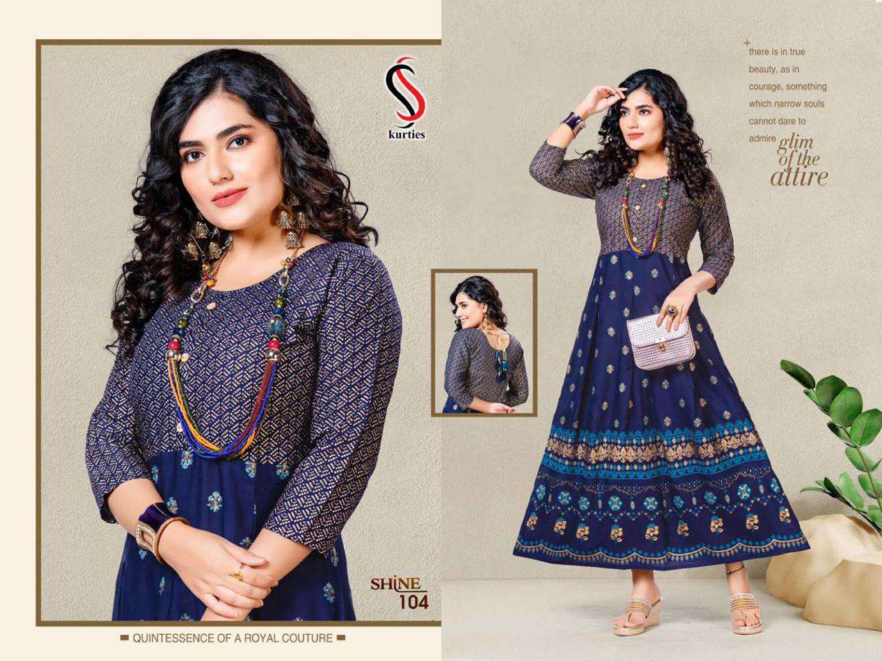 SHINE BY S S KURTIS 101 TO 108 SERIES BEAUTIFUL STYLISH FANCY COLORFUL CASUAL WEAR & ETHNIC WEAR HEAVY RAYON PRINT GOWNS AT WHOLESALE PRICE
