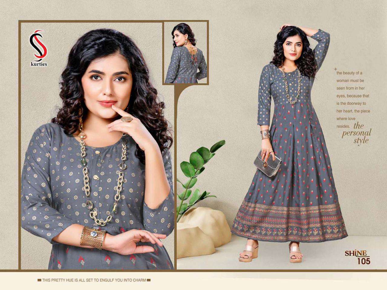 SHINE BY S S KURTIS 101 TO 108 SERIES BEAUTIFUL STYLISH FANCY COLORFUL CASUAL WEAR & ETHNIC WEAR HEAVY RAYON PRINT GOWNS AT WHOLESALE PRICE