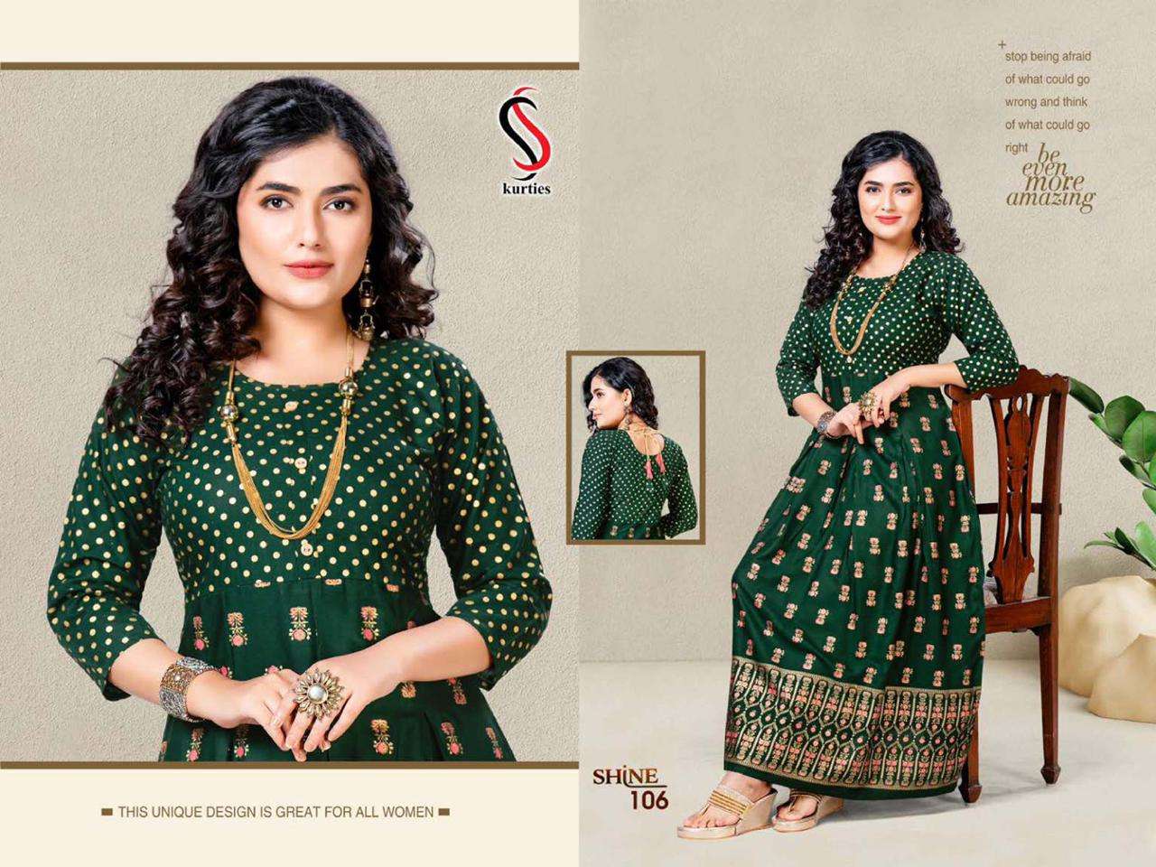 SHINE BY S S KURTIS 101 TO 108 SERIES BEAUTIFUL STYLISH FANCY COLORFUL CASUAL WEAR & ETHNIC WEAR HEAVY RAYON PRINT GOWNS AT WHOLESALE PRICE