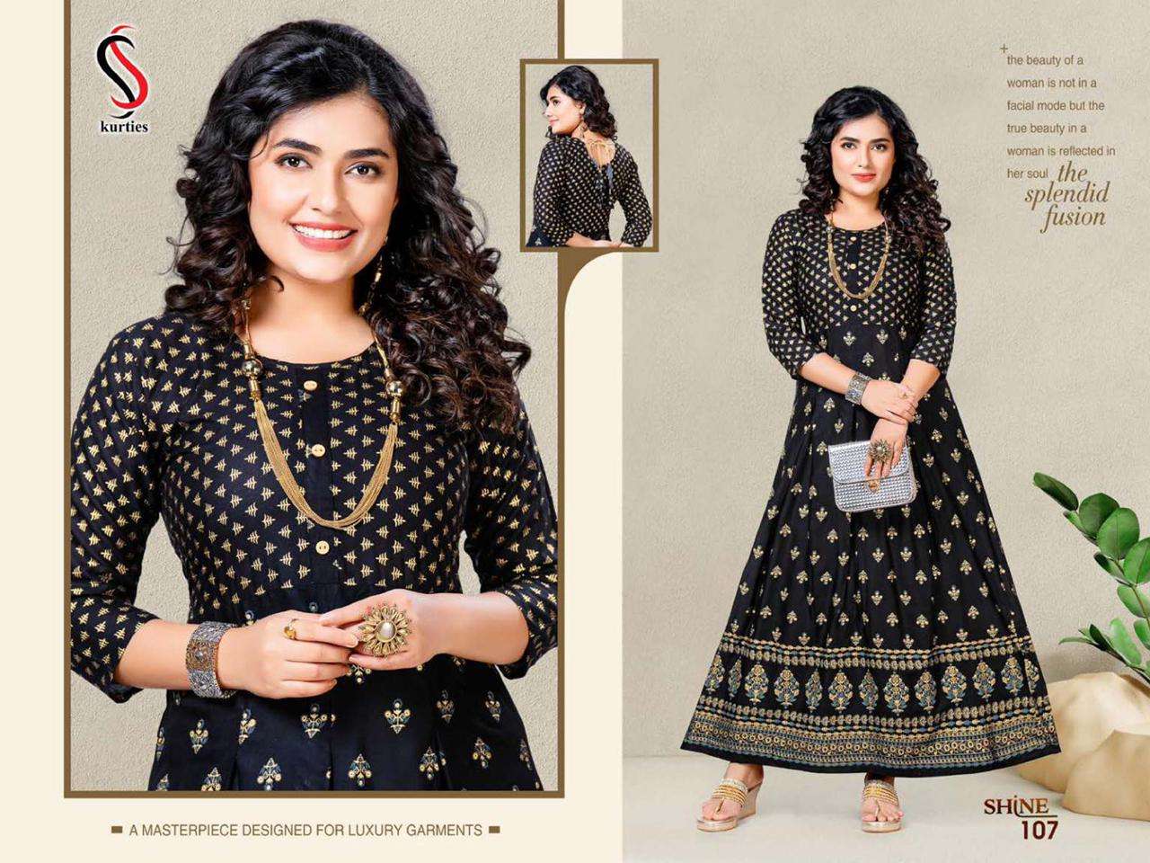 SHINE BY S S KURTIS 101 TO 108 SERIES BEAUTIFUL STYLISH FANCY COLORFUL CASUAL WEAR & ETHNIC WEAR HEAVY RAYON PRINT GOWNS AT WHOLESALE PRICE