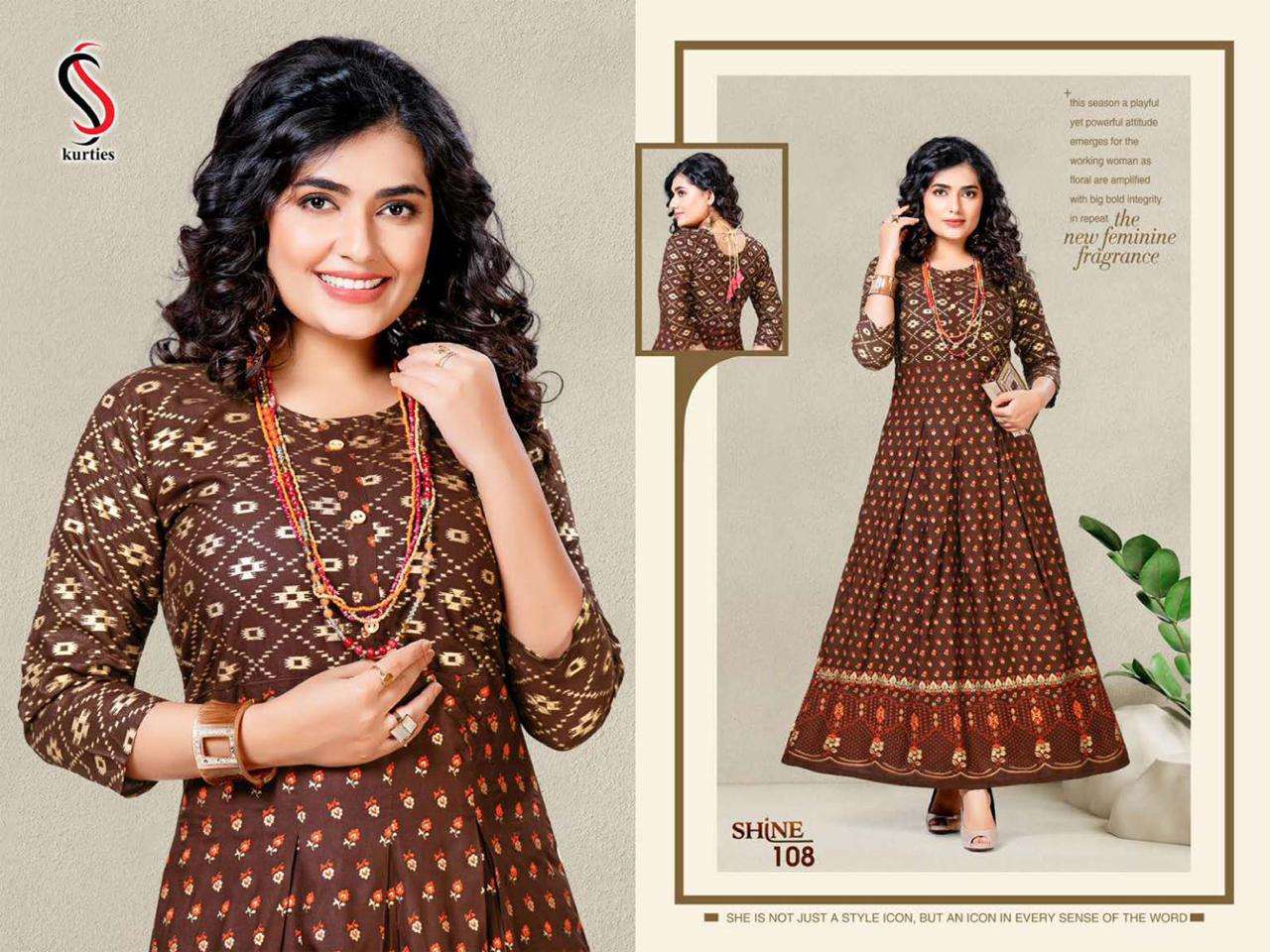 SHINE BY S S KURTIS 101 TO 108 SERIES BEAUTIFUL STYLISH FANCY COLORFUL CASUAL WEAR & ETHNIC WEAR HEAVY RAYON PRINT GOWNS AT WHOLESALE PRICE