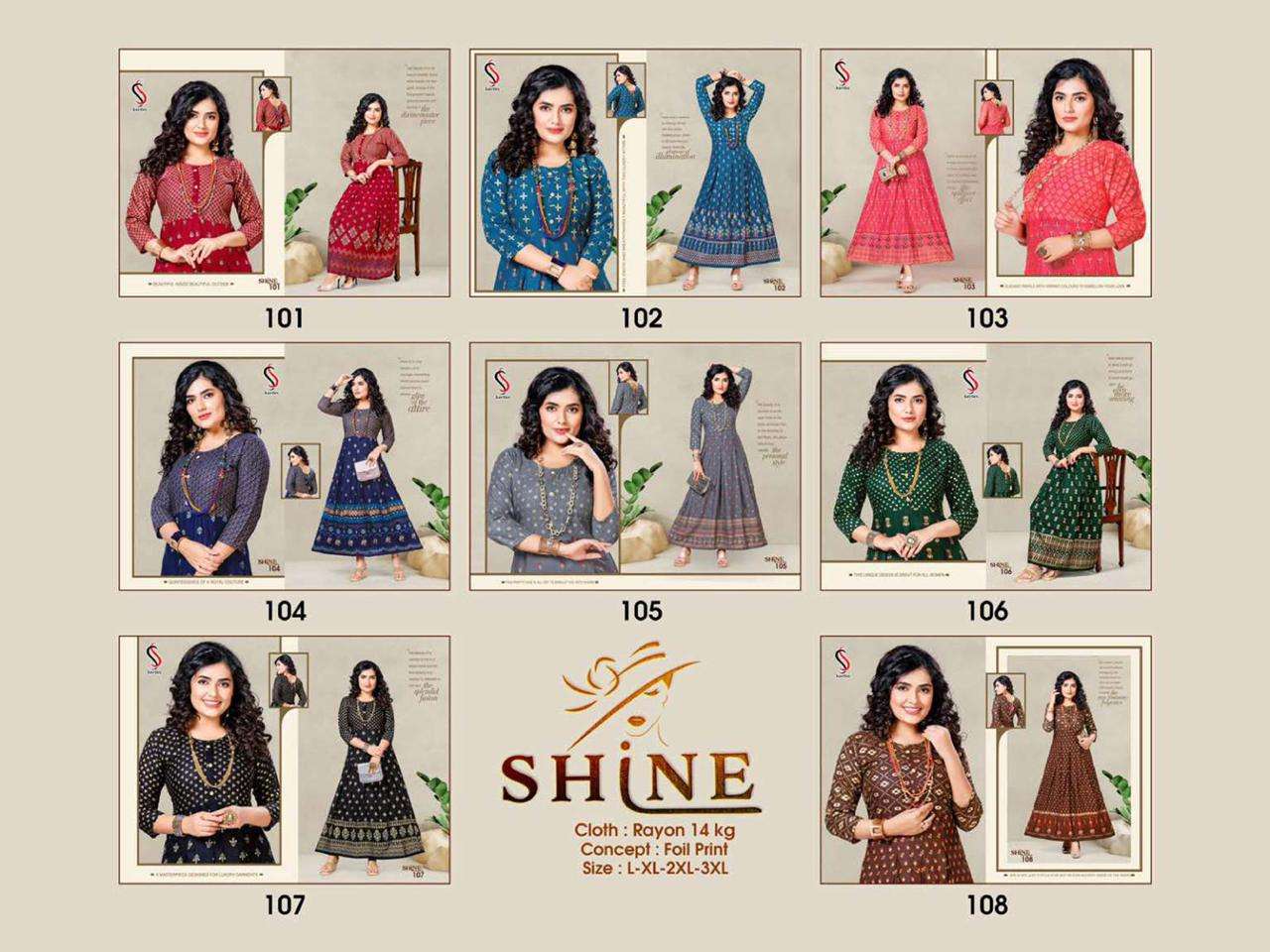 SHINE BY S S KURTIS 101 TO 108 SERIES BEAUTIFUL STYLISH FANCY COLORFUL CASUAL WEAR & ETHNIC WEAR HEAVY RAYON PRINT GOWNS AT WHOLESALE PRICE
