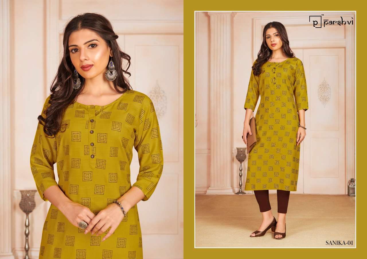 SANIKA VOL-1 BY PARSHVI 01 TO 08 SERIES DESIGNER STYLISH FANCY COLORFUL BEAUTIFUL PARTY WEAR & ETHNIC WEAR COLLECTION RAYON SLUB FOIL PRINT KURTIS AT WHOLESALE PRICE
