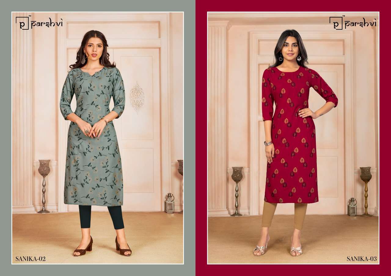 SANIKA VOL-1 BY PARSHVI 01 TO 08 SERIES DESIGNER STYLISH FANCY COLORFUL BEAUTIFUL PARTY WEAR & ETHNIC WEAR COLLECTION RAYON SLUB FOIL PRINT KURTIS AT WHOLESALE PRICE