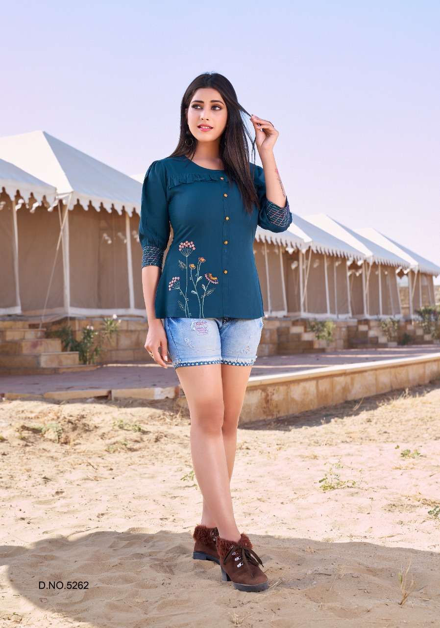 TOPSY VOL-13 BY YAMI FASHION 5261 TO 5269 SERIES BEAUTIFUL STYLISH FANCY COLORFUL CASUAL WEAR & ETHNIC WEAR HEAVY RAYON EMBROIDERED TOPS AT WHOLESALE PRICE