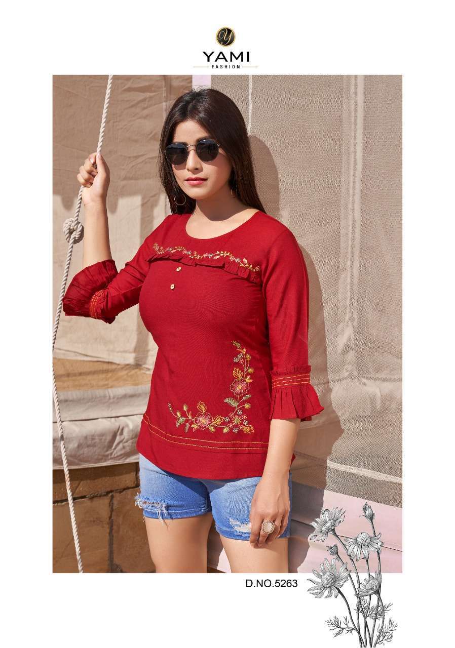 TOPSY VOL-13 BY YAMI FASHION 5261 TO 5269 SERIES BEAUTIFUL STYLISH FANCY COLORFUL CASUAL WEAR & ETHNIC WEAR HEAVY RAYON EMBROIDERED TOPS AT WHOLESALE PRICE