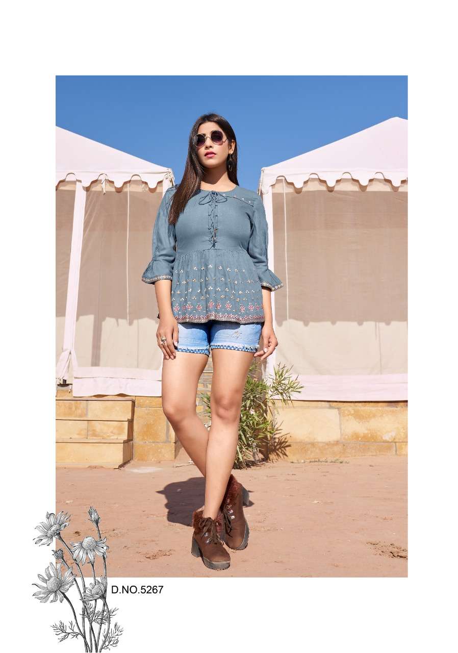 TOPSY VOL-13 BY YAMI FASHION 5261 TO 5269 SERIES BEAUTIFUL STYLISH FANCY COLORFUL CASUAL WEAR & ETHNIC WEAR HEAVY RAYON EMBROIDERED TOPS AT WHOLESALE PRICE