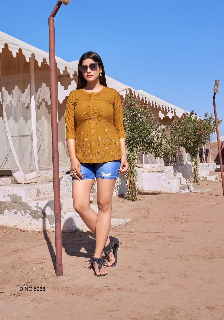 TOPSY VOL-13 BY YAMI FASHION 5261 TO 5269 SERIES BEAUTIFUL STYLISH FANCY COLORFUL CASUAL WEAR & ETHNIC WEAR HEAVY RAYON EMBROIDERED TOPS AT WHOLESALE PRICE