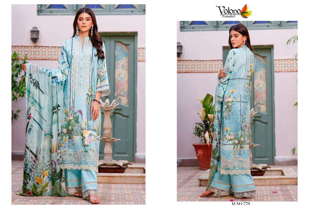 FIRDOUS VOL-11-2021 BY VOLONO TRENDZ 777 TO 781 SERIES BEAUTIFUL PAKISTANI SUITS STYLISH FANCY COLORFUL PARTY WEAR & OCCASIONAL WEAR PURE COTTON PRINT WITH EMBROIDERY DRESSES AT WHOLESALE PRICE