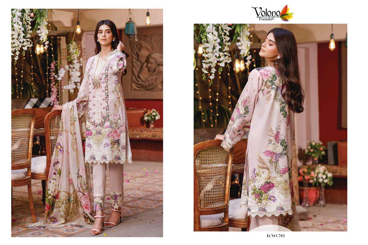 FIRDOUS VOL-11-2021 BY VOLONO TRENDZ 777 TO 781 SERIES BEAUTIFUL PAKISTANI SUITS STYLISH FANCY COLORFUL PARTY WEAR & OCCASIONAL WEAR PURE COTTON PRINT WITH EMBROIDERY DRESSES AT WHOLESALE PRICE