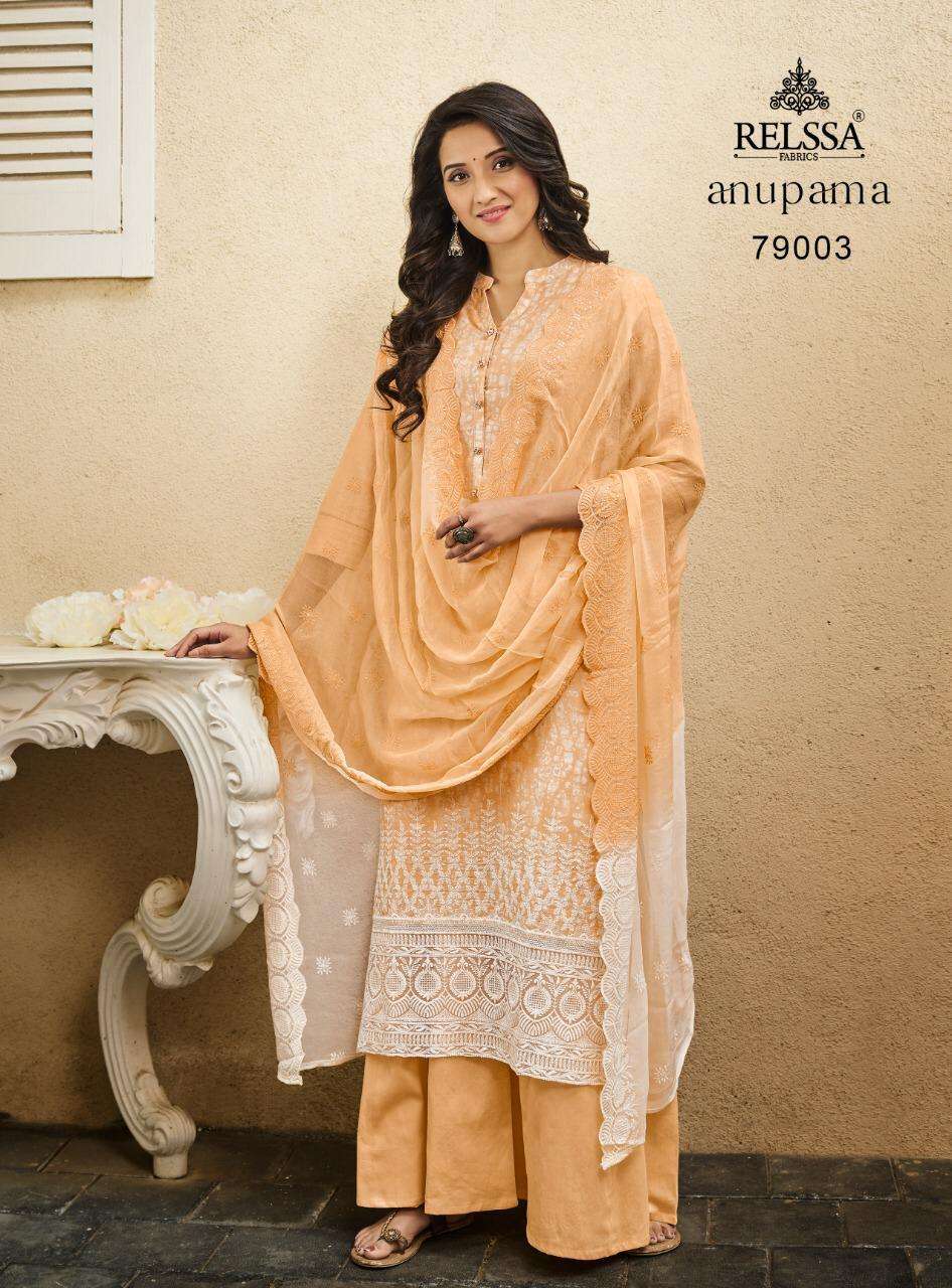 ANUPAMA BY RELSSA FABRICS 79001 TO 79006 SERIES BEAUTIFUL STYLISH SHARARA SUITS FANCY COLORFUL CASUAL WEAR & ETHNIC WEAR & READY TO WEAR COTTON EMBROIDERED DRESSES AT WHOLESALE PRICE