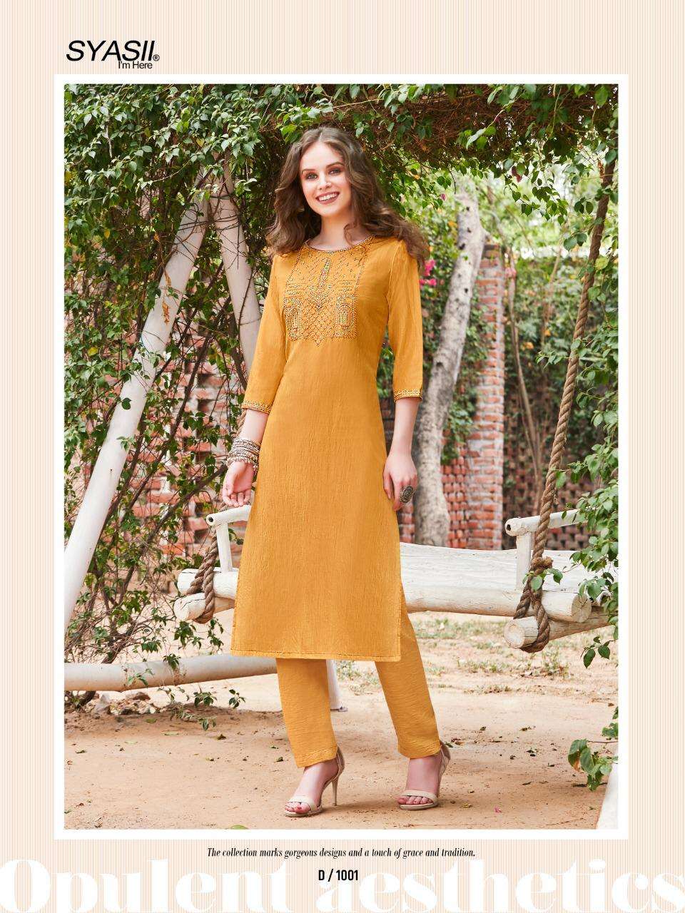 RAYASA BY SYASII 1001 TO 1008 SERIES DESIGNER STYLISH FANCY COLORFUL BEAUTIFUL PARTY WEAR & ETHNIC WEAR COLLECTION PURE CHINNON EMBROIDERY KURTIS WITH BOTTOM AT WHOLESALE PRICE