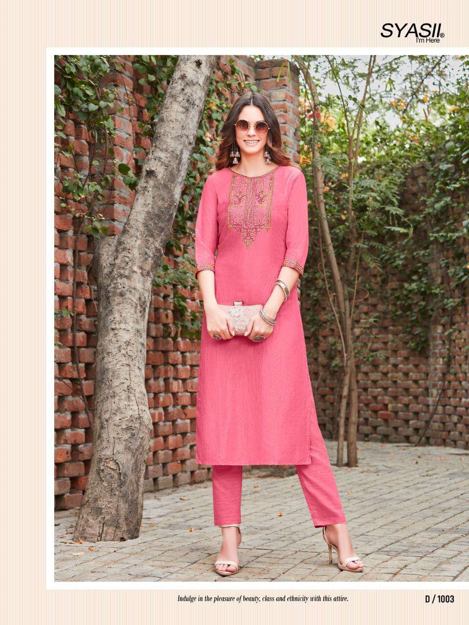 RAYASA BY SYASII 1001 TO 1008 SERIES DESIGNER STYLISH FANCY COLORFUL BEAUTIFUL PARTY WEAR & ETHNIC WEAR COLLECTION PURE CHINNON EMBROIDERY KURTIS WITH BOTTOM AT WHOLESALE PRICE