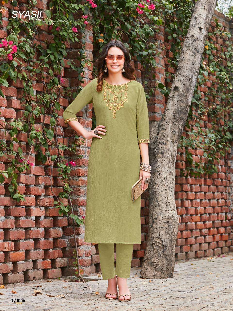 RAYASA BY SYASII 1001 TO 1008 SERIES DESIGNER STYLISH FANCY COLORFUL BEAUTIFUL PARTY WEAR & ETHNIC WEAR COLLECTION PURE CHINNON EMBROIDERY KURTIS WITH BOTTOM AT WHOLESALE PRICE