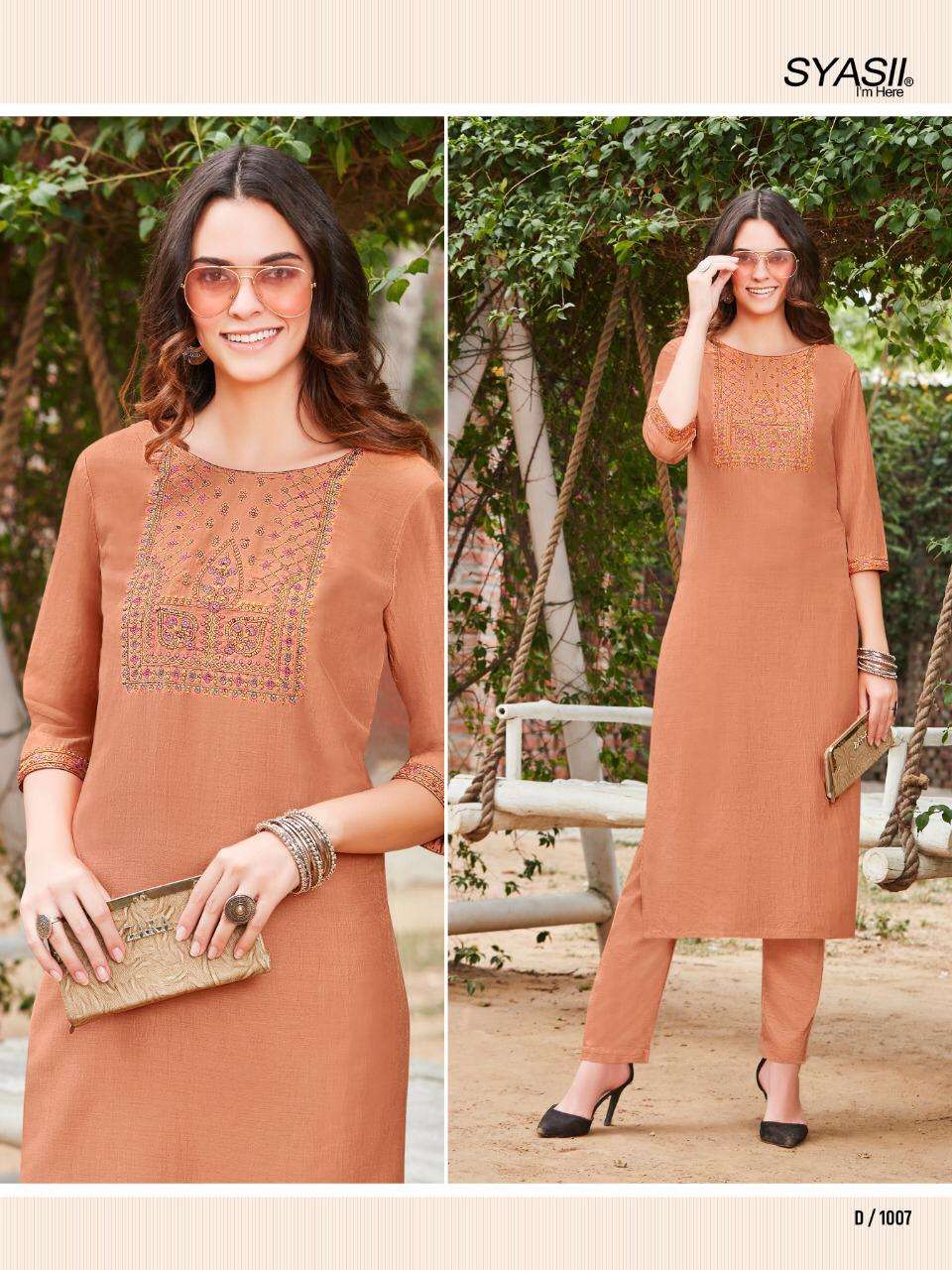 RAYASA BY SYASII 1001 TO 1008 SERIES DESIGNER STYLISH FANCY COLORFUL BEAUTIFUL PARTY WEAR & ETHNIC WEAR COLLECTION PURE CHINNON EMBROIDERY KURTIS WITH BOTTOM AT WHOLESALE PRICE