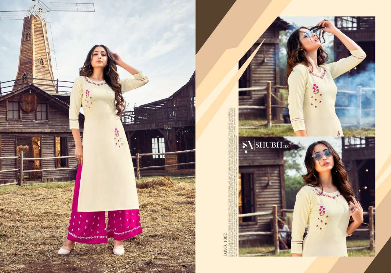 PLAZO QUEEN BY SHUBH NX 1001 TO 1008 SERIES STYLISH FANCY BEAUTIFUL COLORFUL CASUAL WEAR & ETHNIC WEAR RAYON EMBROIDERED KURTIS WITH BOTTOM AT WHOLESALE PRICE