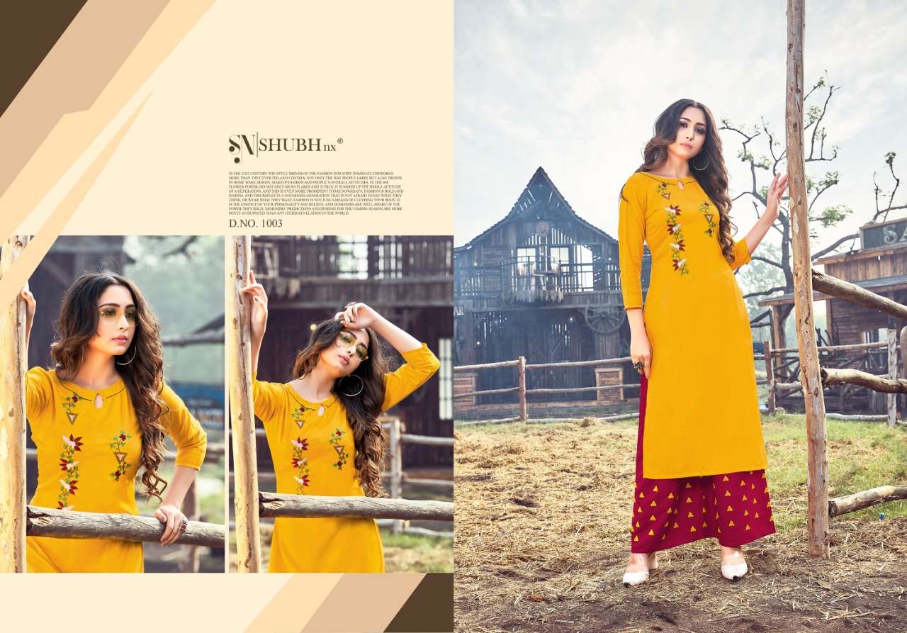 PLAZO QUEEN BY SHUBH NX 1001 TO 1008 SERIES STYLISH FANCY BEAUTIFUL COLORFUL CASUAL WEAR & ETHNIC WEAR RAYON EMBROIDERED KURTIS WITH BOTTOM AT WHOLESALE PRICE