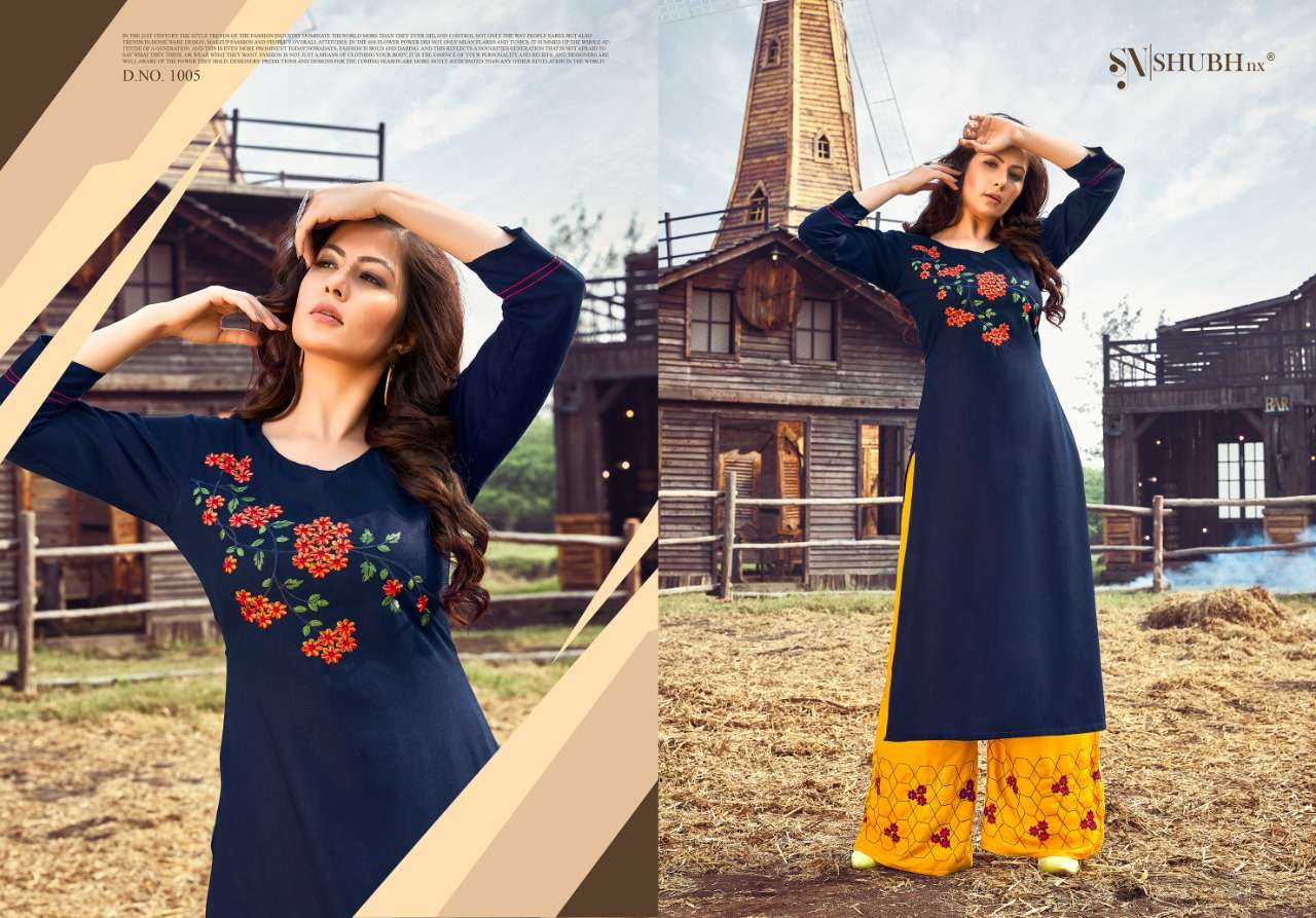 PLAZO QUEEN BY SHUBH NX 1001 TO 1008 SERIES STYLISH FANCY BEAUTIFUL COLORFUL CASUAL WEAR & ETHNIC WEAR RAYON EMBROIDERED KURTIS WITH BOTTOM AT WHOLESALE PRICE