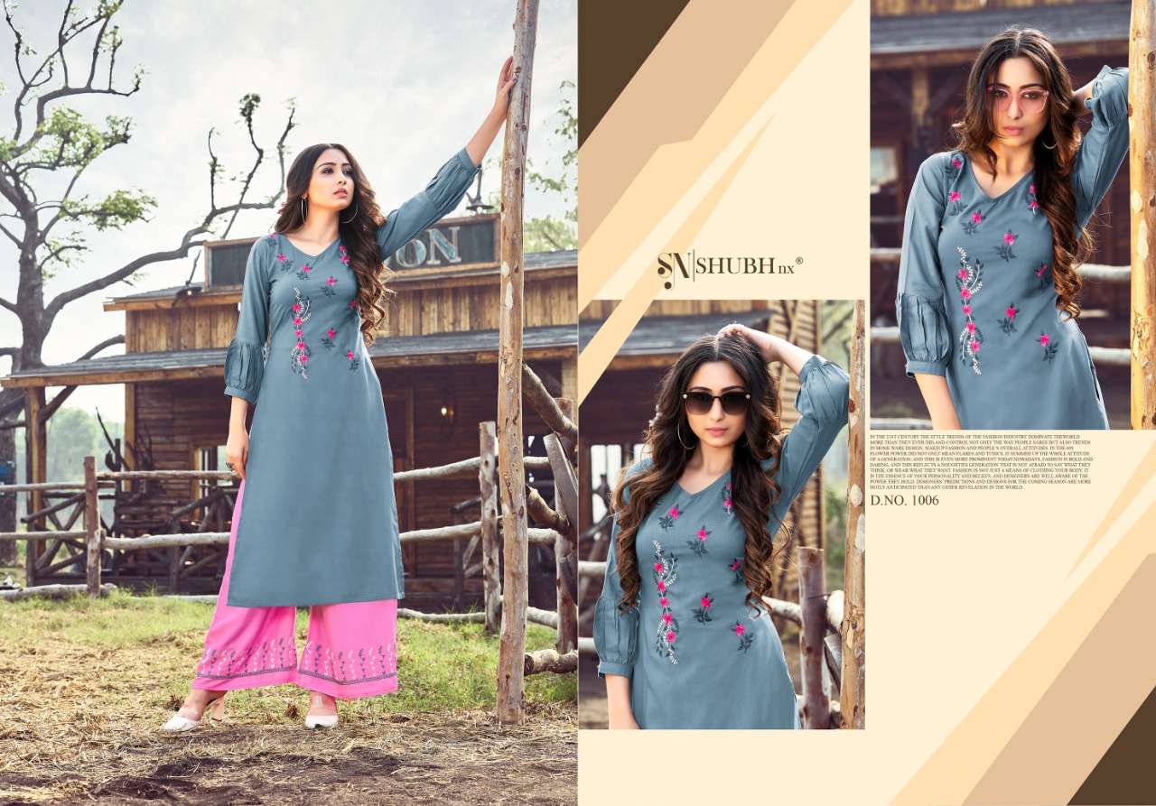 PLAZO QUEEN BY SHUBH NX 1001 TO 1008 SERIES STYLISH FANCY BEAUTIFUL COLORFUL CASUAL WEAR & ETHNIC WEAR RAYON EMBROIDERED KURTIS WITH BOTTOM AT WHOLESALE PRICE