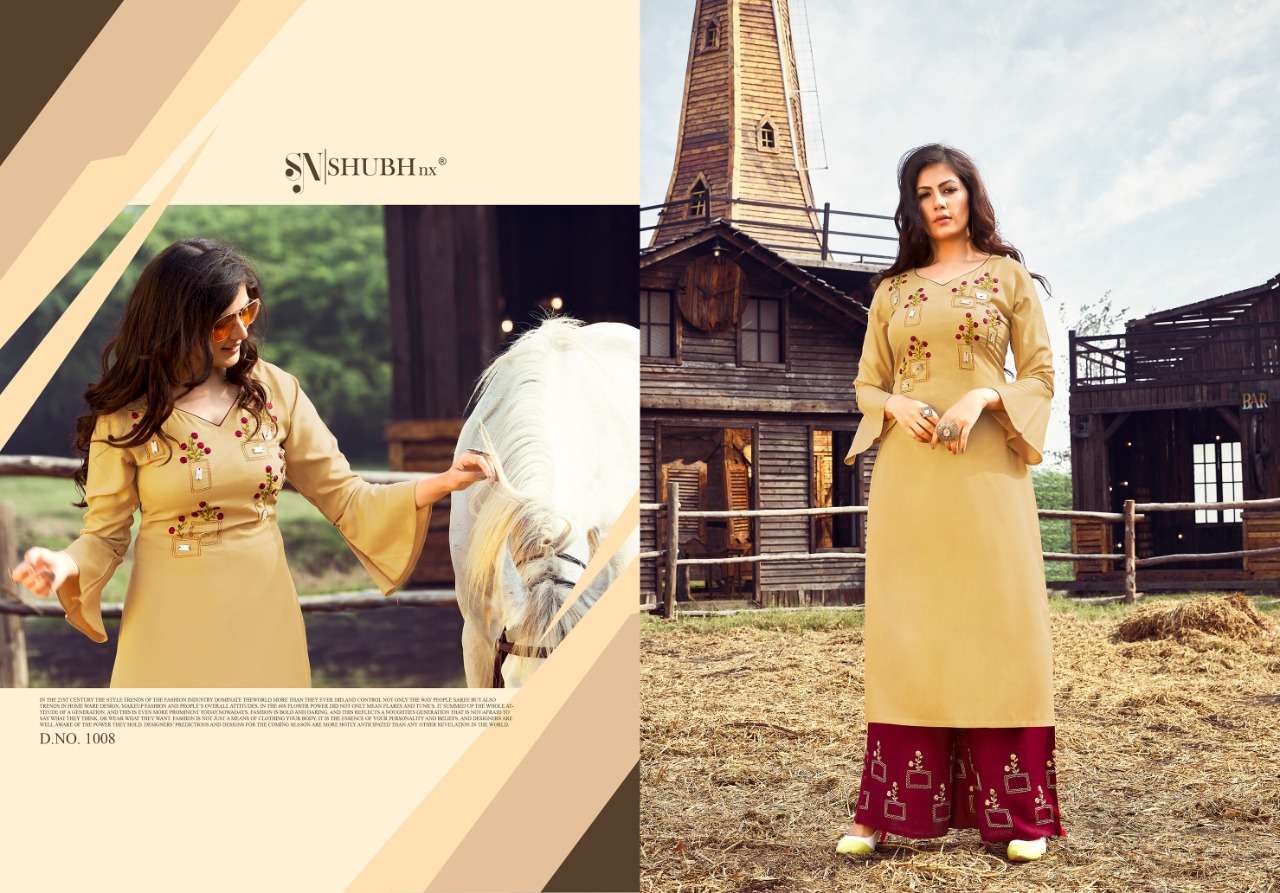 PLAZO QUEEN BY SHUBH NX 1001 TO 1008 SERIES STYLISH FANCY BEAUTIFUL COLORFUL CASUAL WEAR & ETHNIC WEAR RAYON EMBROIDERED KURTIS WITH BOTTOM AT WHOLESALE PRICE