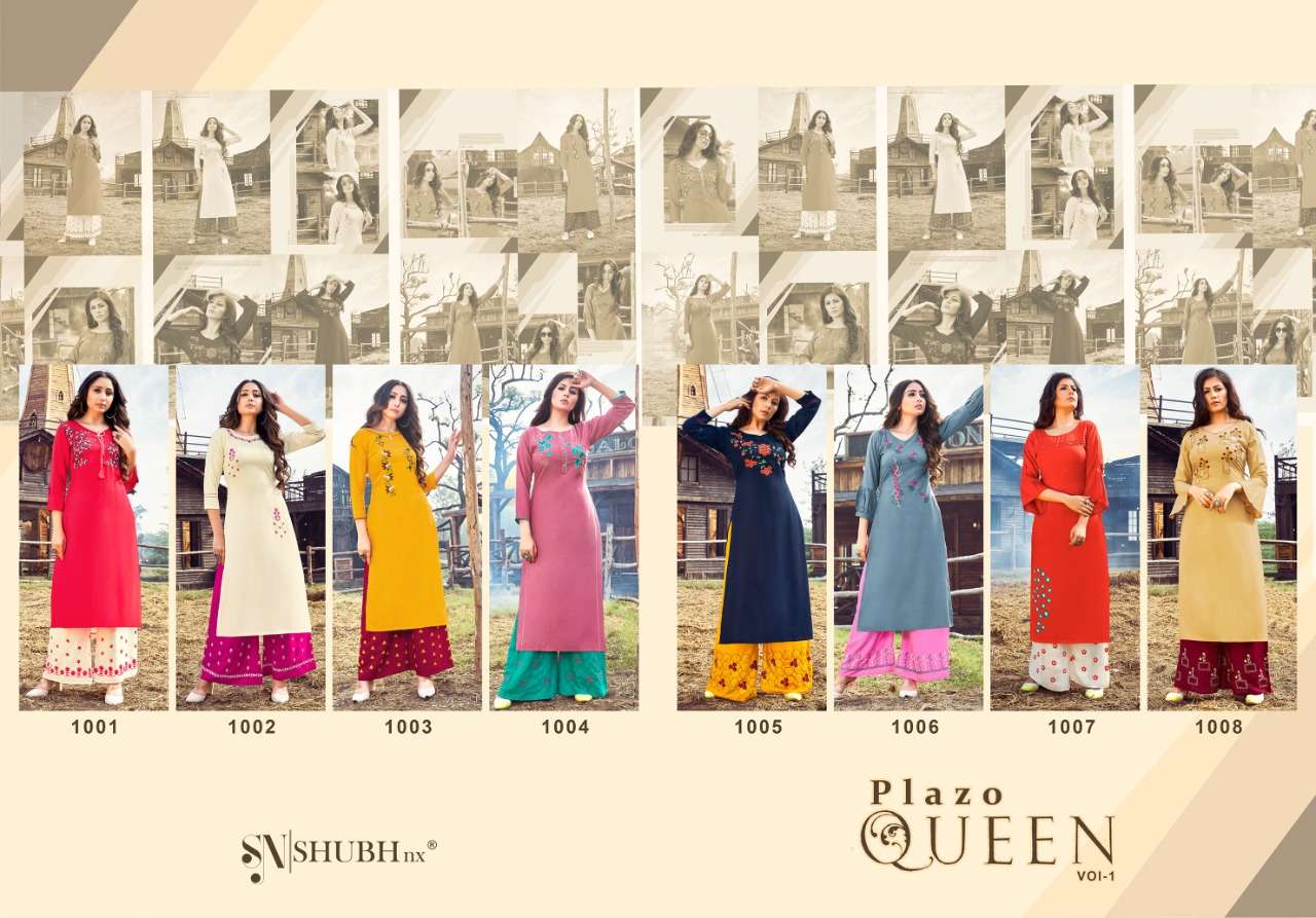 PLAZO QUEEN BY SHUBH NX 1001 TO 1008 SERIES STYLISH FANCY BEAUTIFUL COLORFUL CASUAL WEAR & ETHNIC WEAR RAYON EMBROIDERED KURTIS WITH BOTTOM AT WHOLESALE PRICE