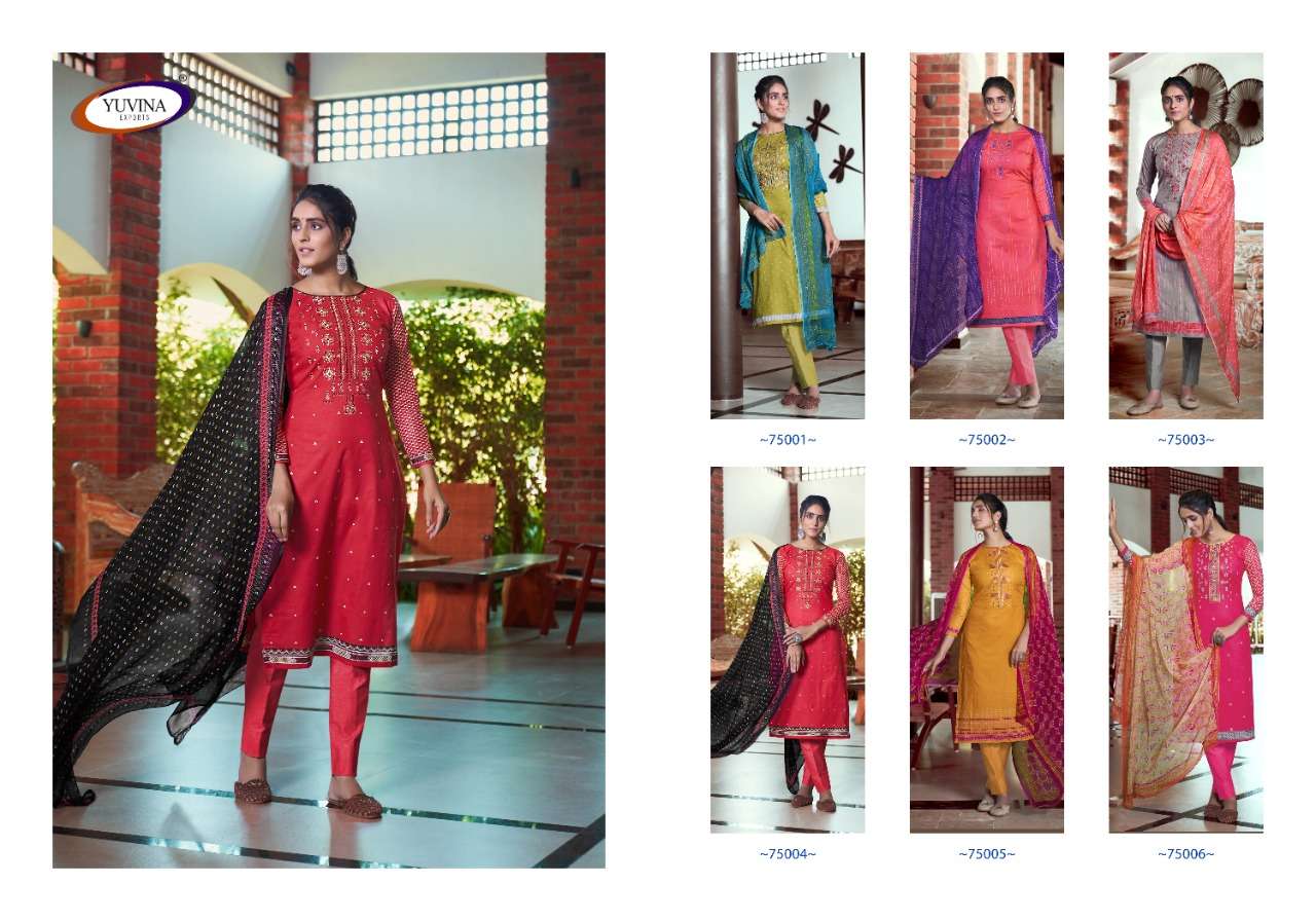 GOOLAR BY YUVINA EXPORTS 75001 TO 75006 SERIES BEAUTIFUL SUITS COLORFUL STYLISH FANCY CASUAL WEAR & ETHNIC WEAR COTTON LAWN PRINT DRESSES AT WHOLESALE PRICE