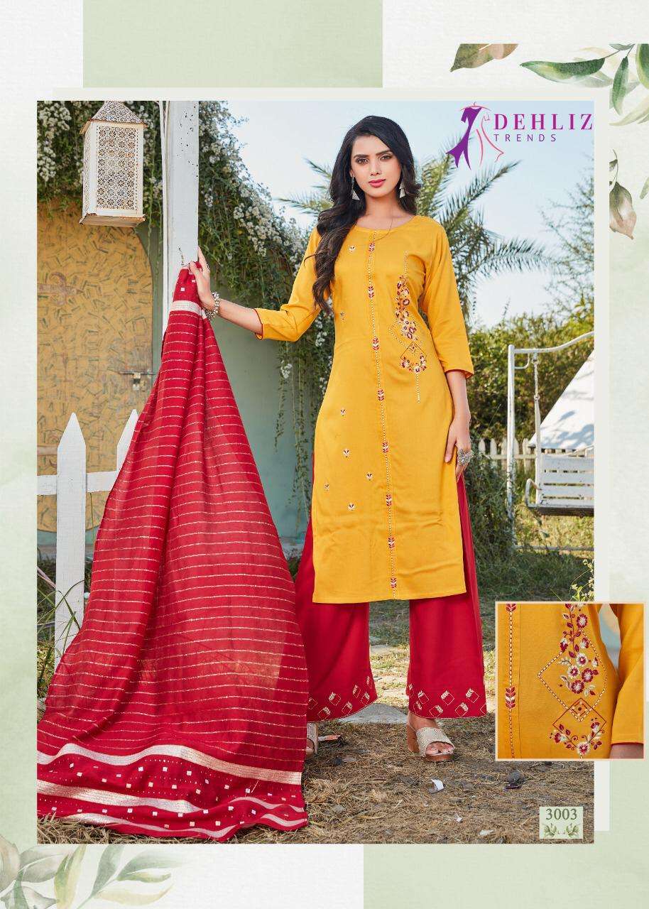 PAALAV VOL-3 BY DEHLIZ TRENDZ 3001 TO 3006 SERIES BEAUTIFUL SUITS COLORFUL STYLISH FANCY CASUAL WEAR & ETHNIC WEAR PREMIUM RAYON EMBROIDERED DRESSES AT WHOLESALE PRICE