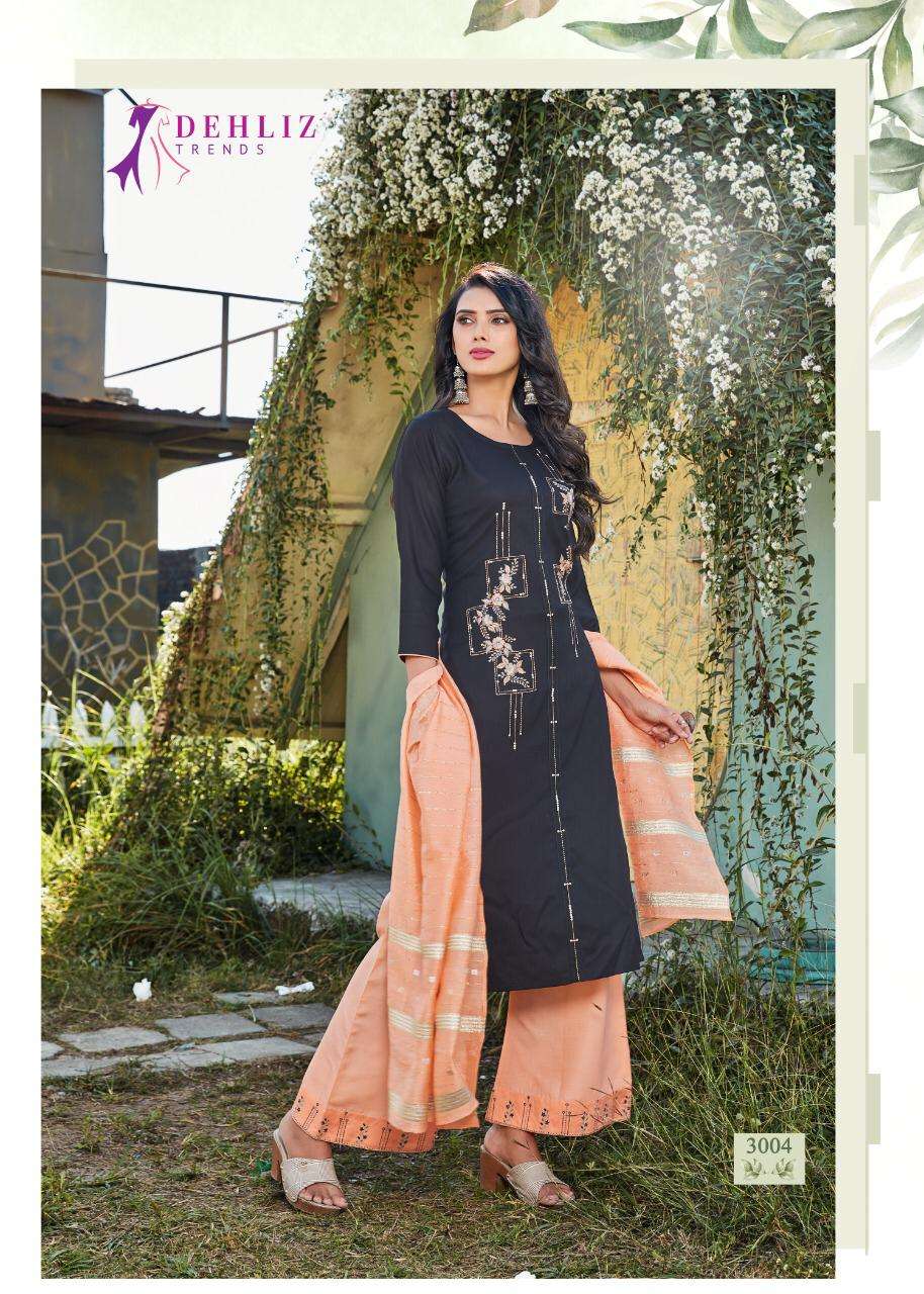 PAALAV VOL-3 BY DEHLIZ TRENDZ 3001 TO 3006 SERIES BEAUTIFUL SUITS COLORFUL STYLISH FANCY CASUAL WEAR & ETHNIC WEAR PREMIUM RAYON EMBROIDERED DRESSES AT WHOLESALE PRICE