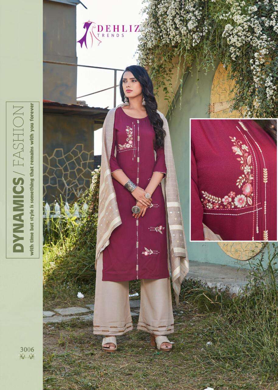 PAALAV VOL-3 BY DEHLIZ TRENDZ 3001 TO 3006 SERIES BEAUTIFUL SUITS COLORFUL STYLISH FANCY CASUAL WEAR & ETHNIC WEAR PREMIUM RAYON EMBROIDERED DRESSES AT WHOLESALE PRICE