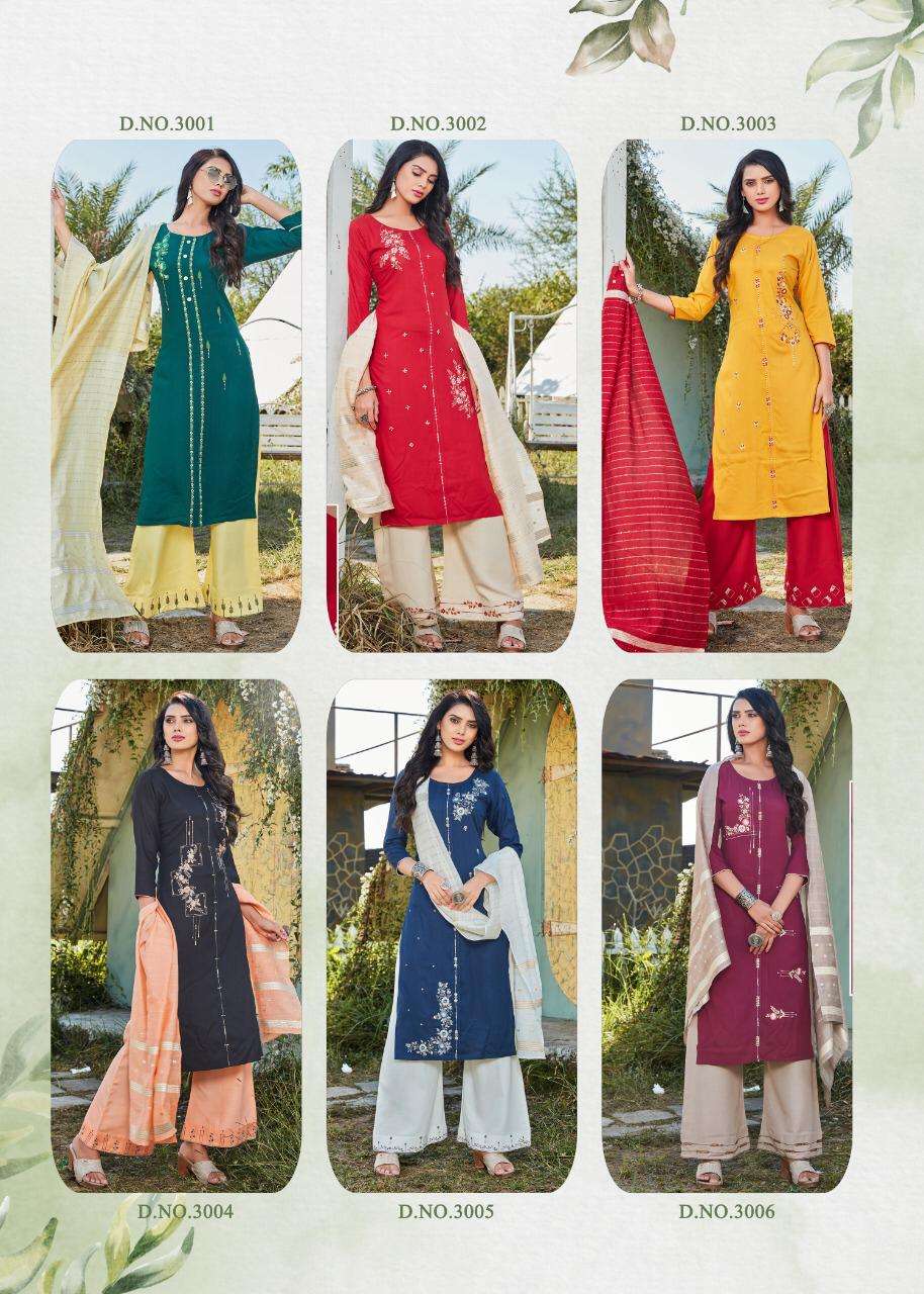 PAALAV VOL-3 BY DEHLIZ TRENDZ 3001 TO 3006 SERIES BEAUTIFUL SUITS COLORFUL STYLISH FANCY CASUAL WEAR & ETHNIC WEAR PREMIUM RAYON EMBROIDERED DRESSES AT WHOLESALE PRICE