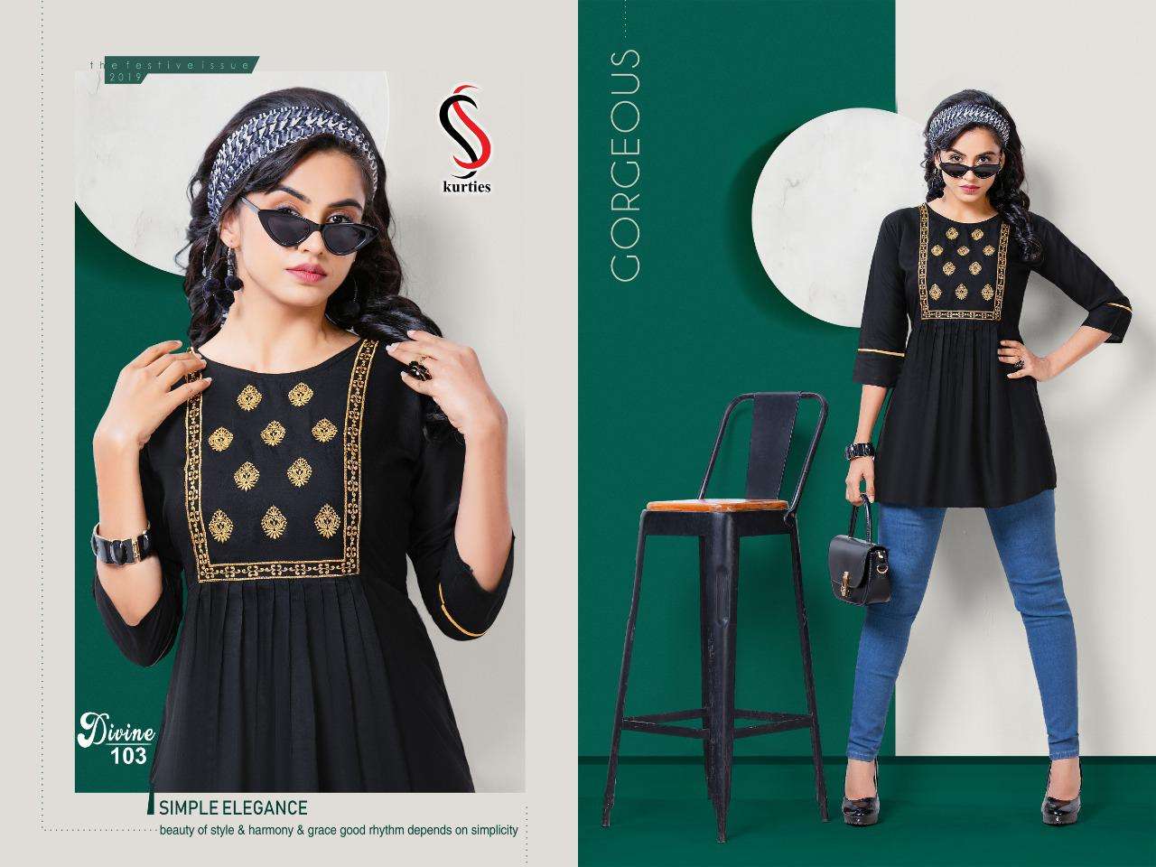 DIVINE BY S S KURTIS 101 TO 109 SERIES DESIGNER STYLISH FANCY COLORFUL BEAUTIFUL PARTY WEAR & ETHNIC WEAR COLLECTION RAYON EMBROIDERY TOPS AT WHOLESALE PRICE