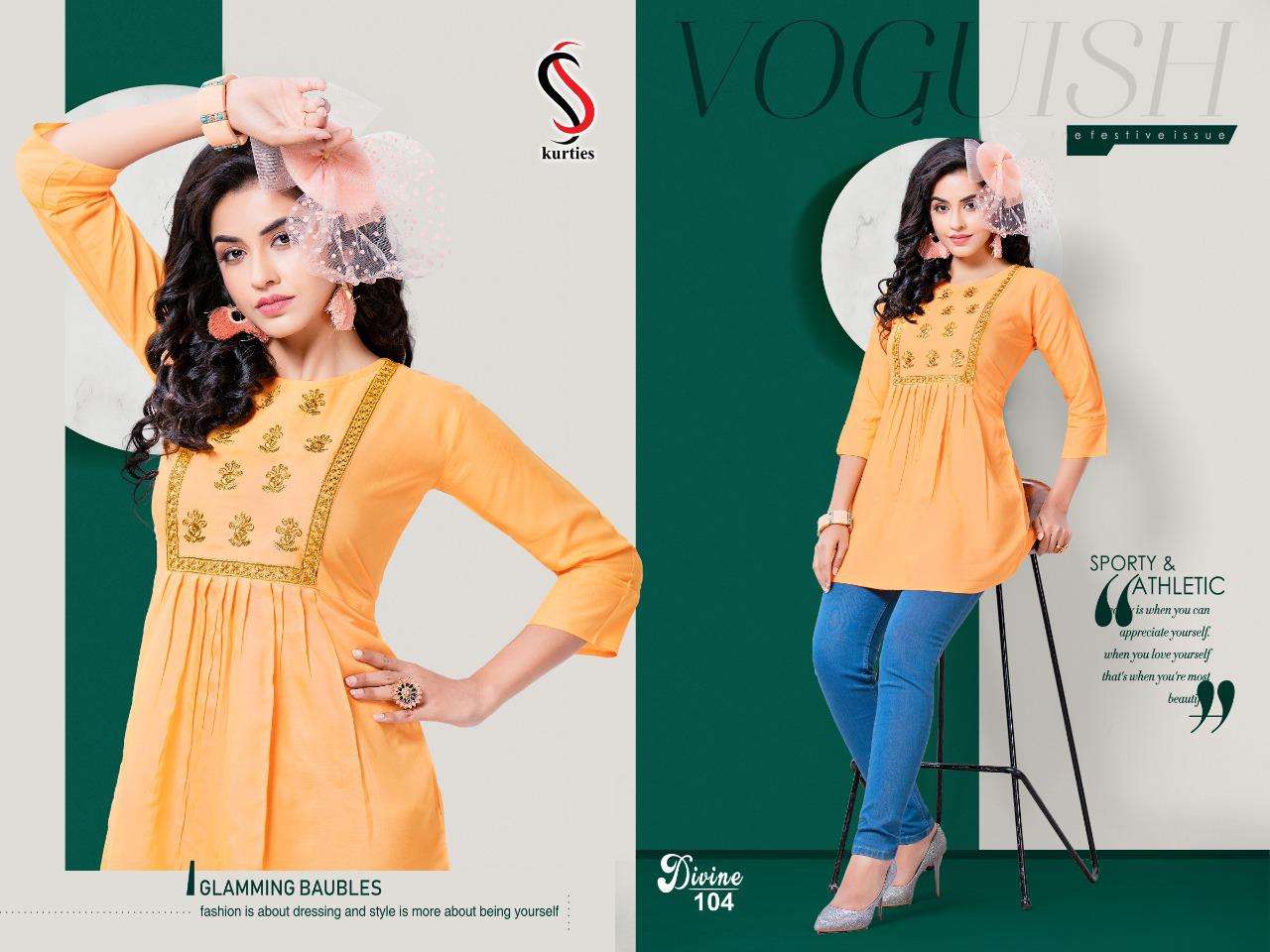 DIVINE BY S S KURTIS 101 TO 109 SERIES DESIGNER STYLISH FANCY COLORFUL BEAUTIFUL PARTY WEAR & ETHNIC WEAR COLLECTION RAYON EMBROIDERY TOPS AT WHOLESALE PRICE