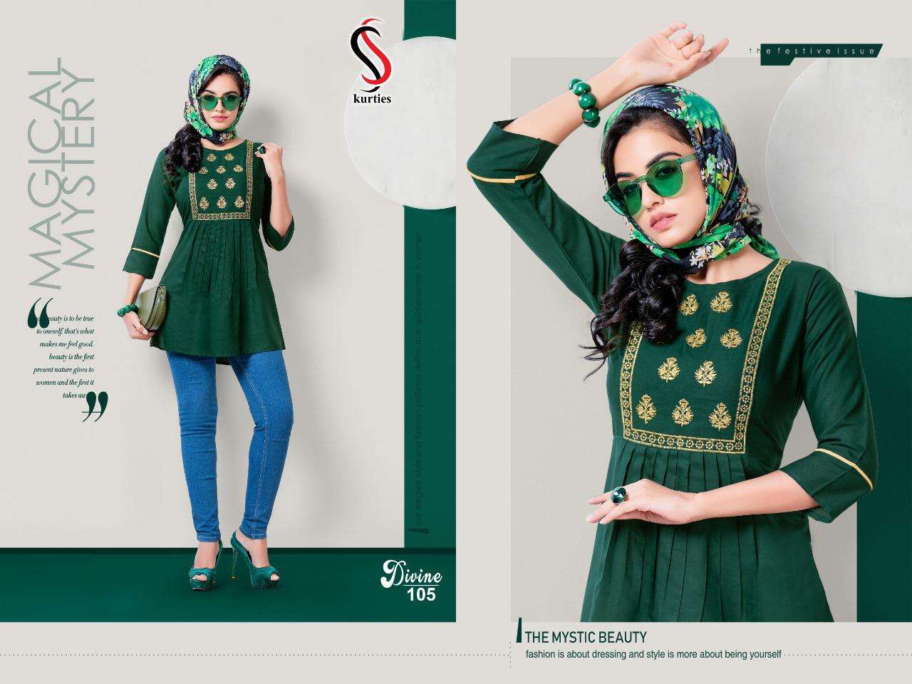 DIVINE BY S S KURTIS 101 TO 109 SERIES DESIGNER STYLISH FANCY COLORFUL BEAUTIFUL PARTY WEAR & ETHNIC WEAR COLLECTION RAYON EMBROIDERY TOPS AT WHOLESALE PRICE