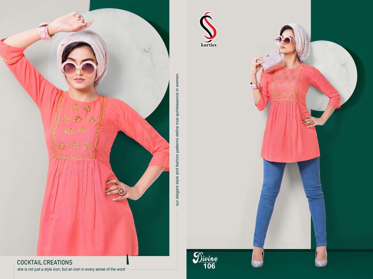 DIVINE BY S S KURTIS 101 TO 109 SERIES DESIGNER STYLISH FANCY COLORFUL BEAUTIFUL PARTY WEAR & ETHNIC WEAR COLLECTION RAYON EMBROIDERY TOPS AT WHOLESALE PRICE