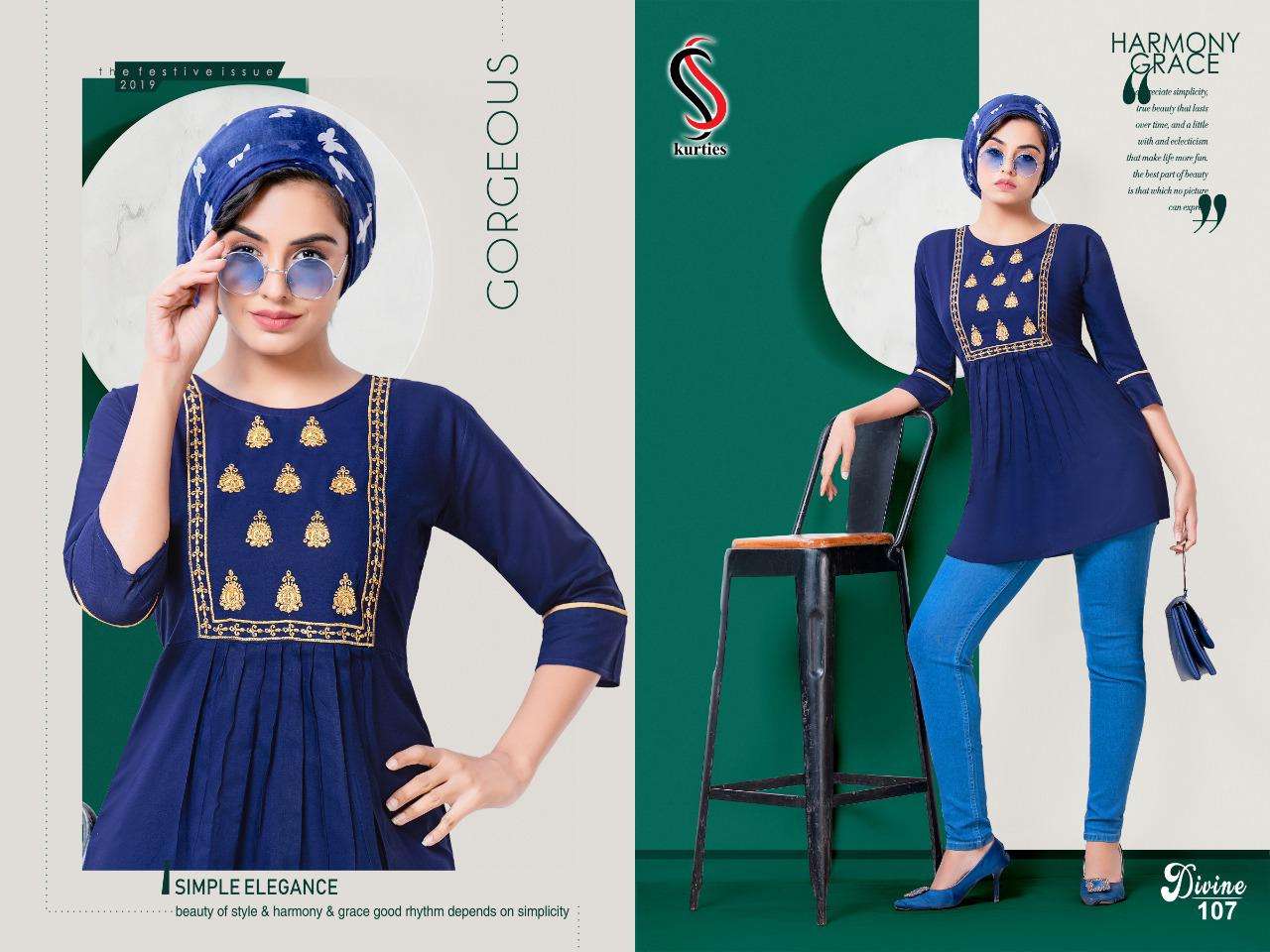 DIVINE BY S S KURTIS 101 TO 109 SERIES DESIGNER STYLISH FANCY COLORFUL BEAUTIFUL PARTY WEAR & ETHNIC WEAR COLLECTION RAYON EMBROIDERY TOPS AT WHOLESALE PRICE