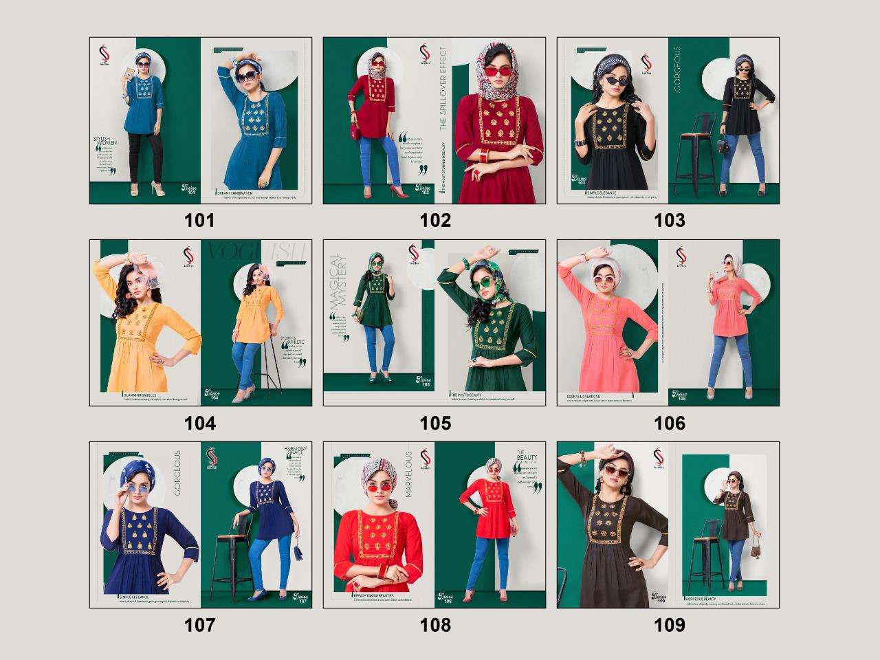 DIVINE BY S S KURTIS 101 TO 109 SERIES DESIGNER STYLISH FANCY COLORFUL BEAUTIFUL PARTY WEAR & ETHNIC WEAR COLLECTION RAYON EMBROIDERY TOPS AT WHOLESALE PRICE