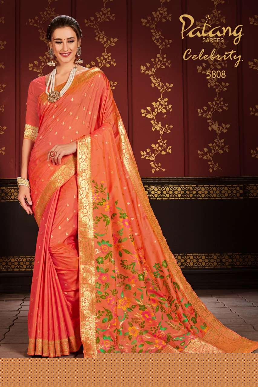 CELEBRITY BY PATANG SAREES 5801 TO 5809 SERIES INDIAN TRADITIONAL WEAR COLLECTION BEAUTIFUL STYLISH FANCY COLORFUL PARTY WEAR & OCCASIONAL WEAR SOFT SILK SAREES AT WHOLESALE PRICE