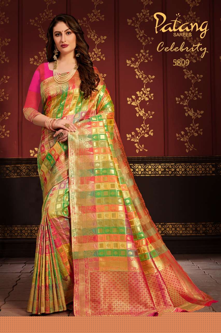 CELEBRITY BY PATANG SAREES 5801 TO 5809 SERIES INDIAN TRADITIONAL WEAR COLLECTION BEAUTIFUL STYLISH FANCY COLORFUL PARTY WEAR & OCCASIONAL WEAR SOFT SILK SAREES AT WHOLESALE PRICE