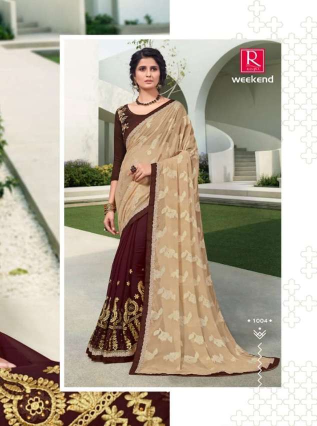 WEEKEND BY RANJNA 1001 TO 1006 SERIES INDIAN TRADITIONAL WEAR COLLECTION BEAUTIFUL STYLISH FANCY COLORFUL PARTY WEAR & OCCASIONAL WEAR GEORGETTE EMBROIDERED SAREES AT WHOLESALE PRICE