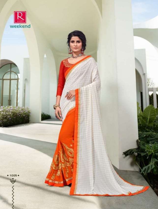 WEEKEND BY RANJNA 1001 TO 1006 SERIES INDIAN TRADITIONAL WEAR COLLECTION BEAUTIFUL STYLISH FANCY COLORFUL PARTY WEAR & OCCASIONAL WEAR GEORGETTE EMBROIDERED SAREES AT WHOLESALE PRICE