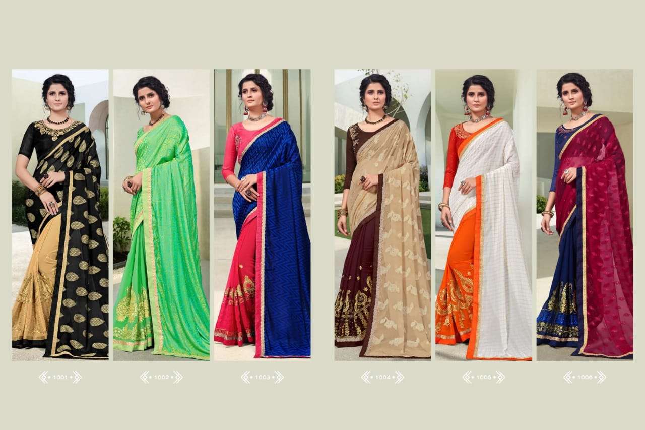 WEEKEND BY RANJNA 1001 TO 1006 SERIES INDIAN TRADITIONAL WEAR COLLECTION BEAUTIFUL STYLISH FANCY COLORFUL PARTY WEAR & OCCASIONAL WEAR GEORGETTE EMBROIDERED SAREES AT WHOLESALE PRICE