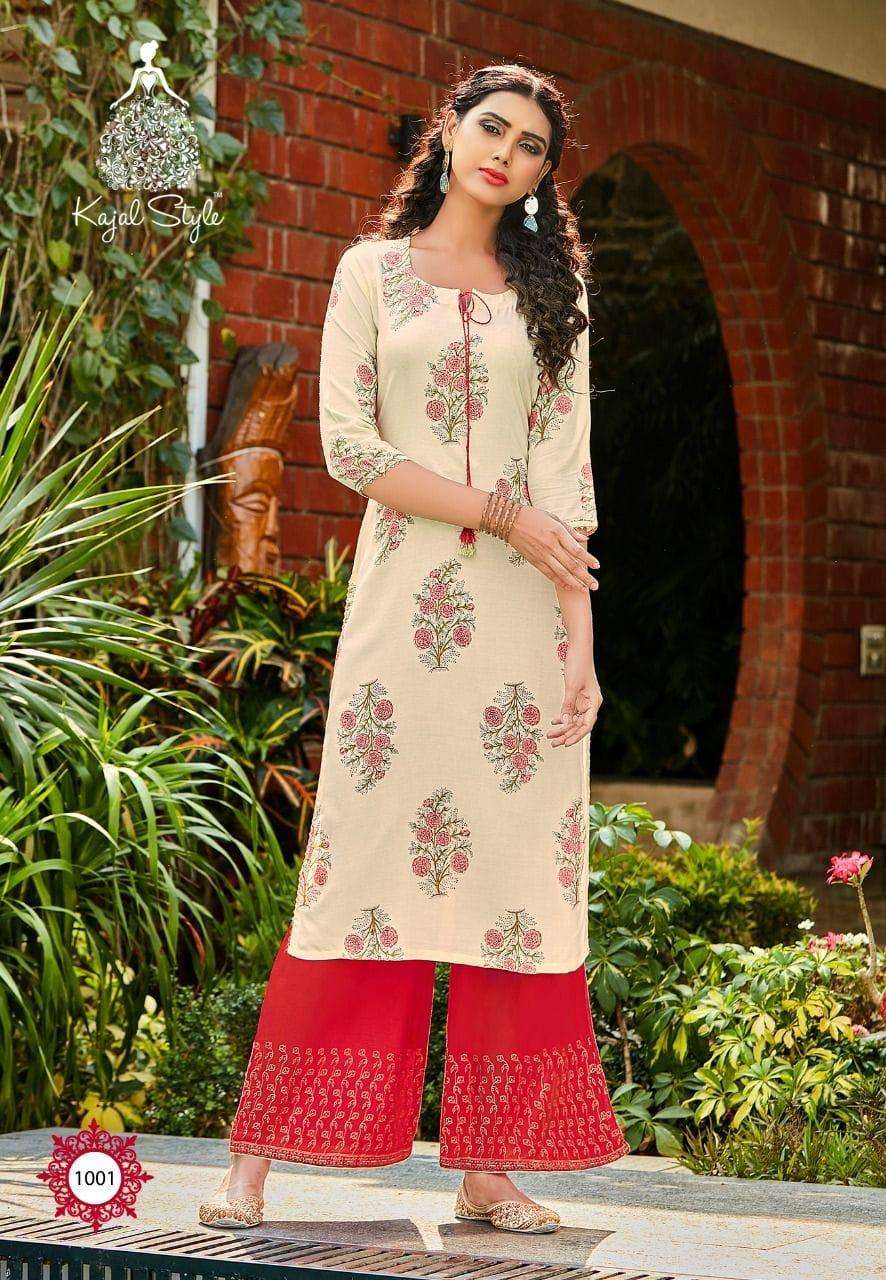 FASHION DIVA VOL-1 BY KAJAL STYLE 1001 TO 1008 SERIES BEAUTIFUL STYLISH FANCY COLORFUL CASUAL WEAR & ETHNIC WEAR HEAVY RAYON EMBROIDERED KURTIS WITH BOTTOM AT WHOLESALE PRICE